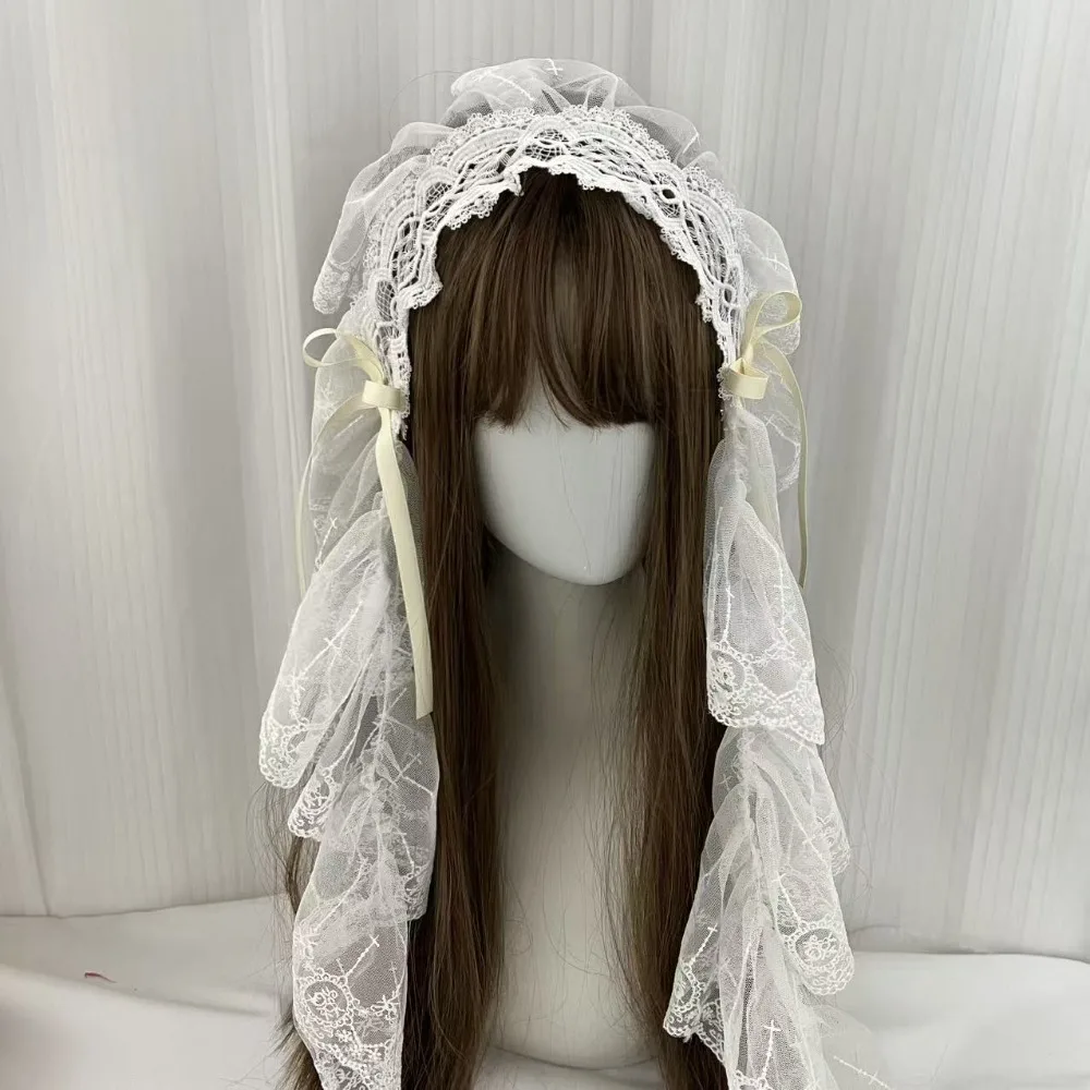 

Fashion Black and White Lolita Headband Ruffled Edge Floral Pattern Harajuku Headband Bow Lace Gothic Headwear Cosplay Events