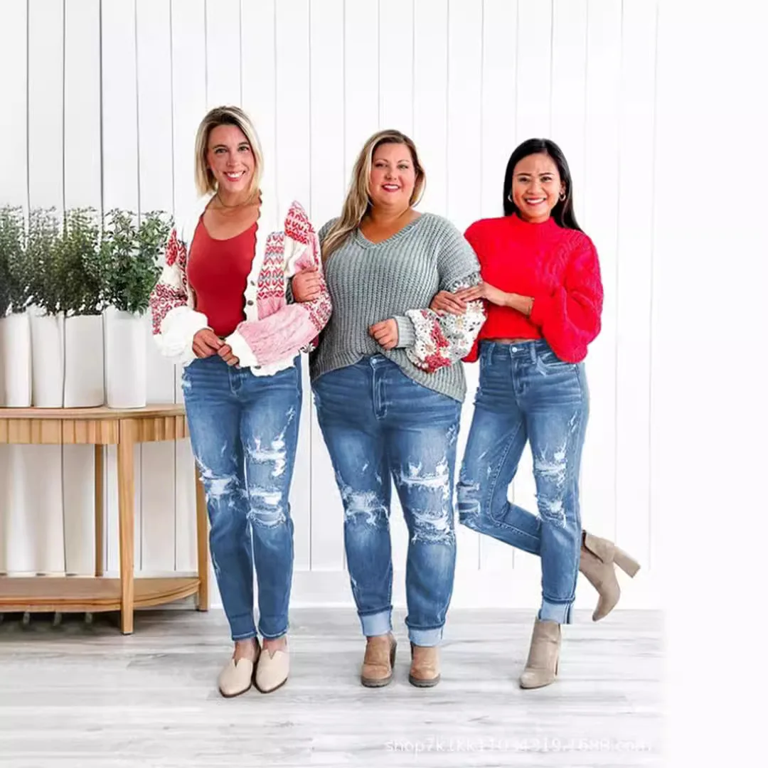 

New Ripped Street Hip Hop Street Straight Mid-rise Jeans Women