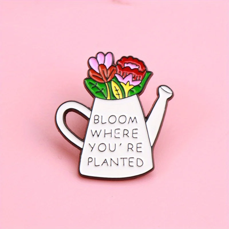 دبوس نمو ملهم — علبة سقي بيضاء مع زهور، "زهر أين أنت نباتي،" تحث النمو في مكان واحد. #4