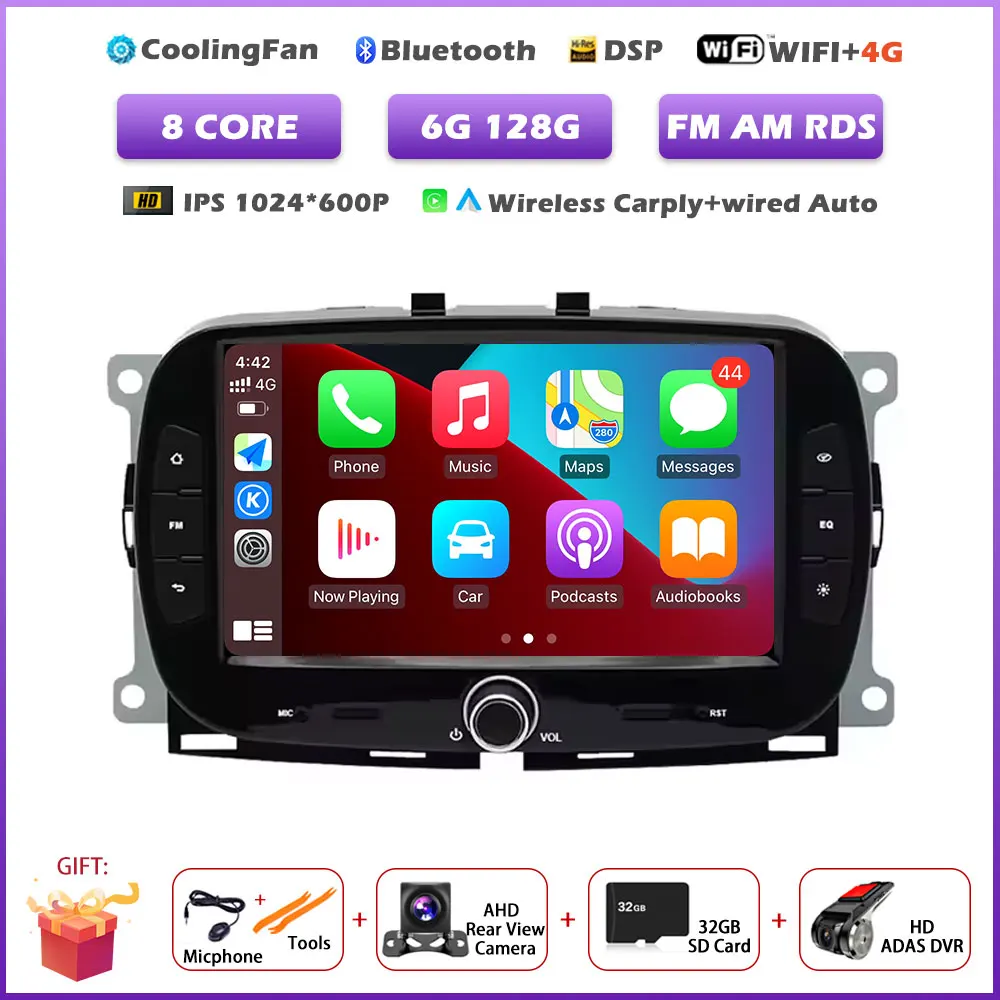 Carplay Android 16 Auto autoradio voor Fiat 500 2016-2019 multimediaspeler met BT stereo, GPS navigatie en FM
