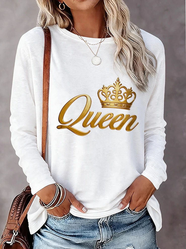 Women's Long Sleeve T Shirt Golden Queen Crown Print Y2k T-shirt 90s Graphic Tshirt Fashion Vintage Style Tops Clothes Outfit