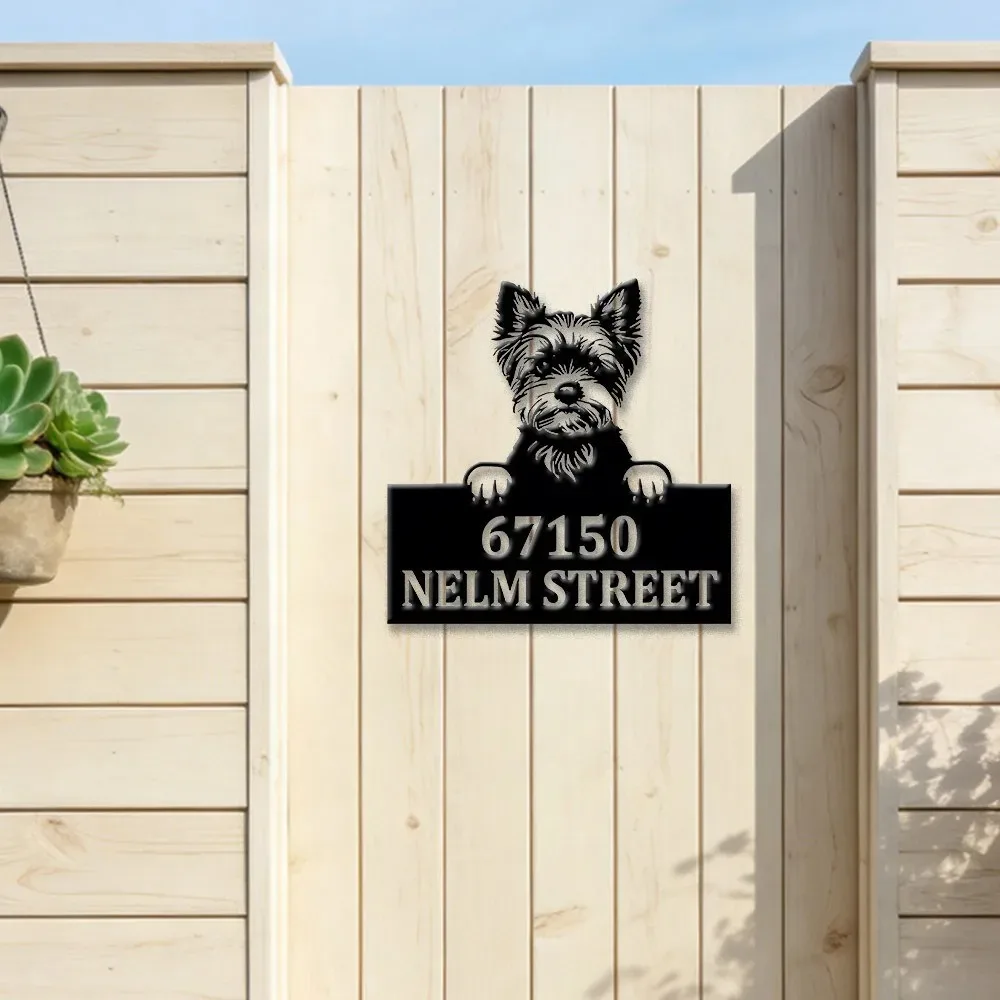 2D Flat Custom Name House Number Metal Plaque Yorkshire Terrier Pattern Indoor Outdoor Wall Art Gift for Dog Lovers