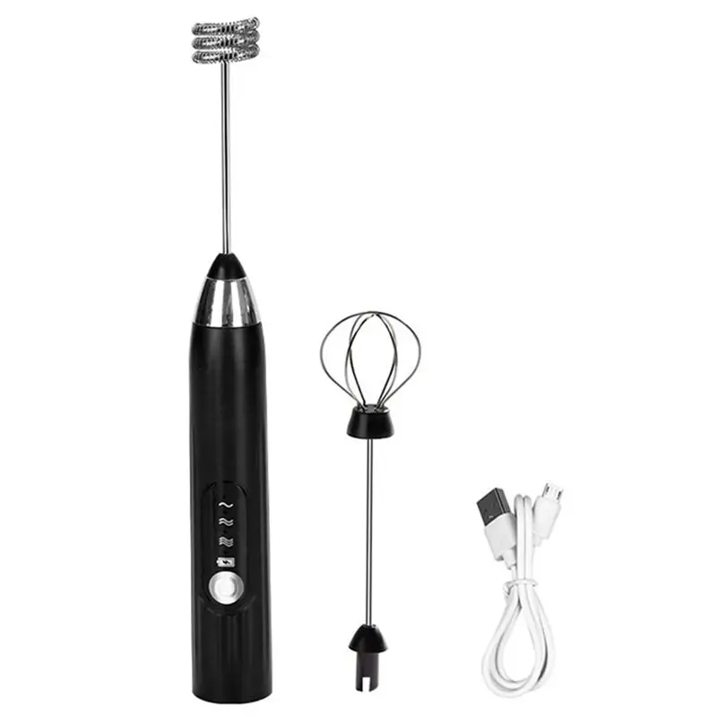 A21Q -3In1 Portable Electric Milk Frother Foam Maker Handheld Foamer High Speeds Drink Mixer Coffee Frothing Wand Black