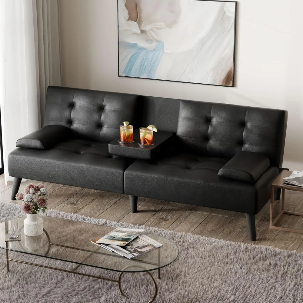 

Futon Sofa Bed Convertible Futon Set, Small Leather Sleeper Sofa with Removable Armrests and Folding Cup Holders, Upholstered L