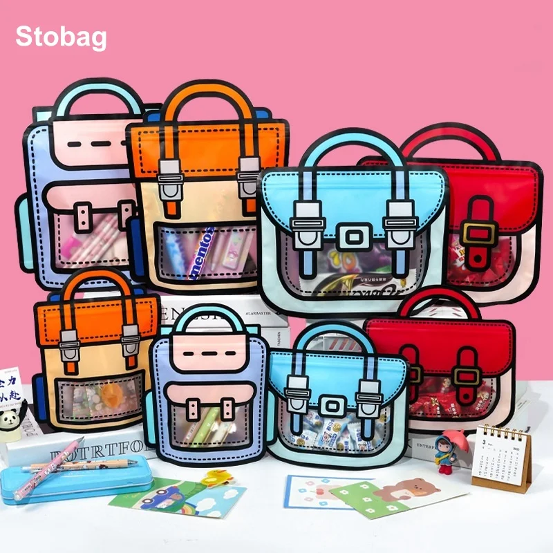 

StoBag 10pcs Cartoon Ziplock Bags Candy Snack Packaging Tote Handle with Window Cute Small Kids Plastic Sealed Food Storage