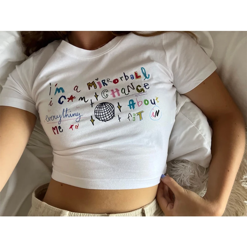 Kawaii Letter graphic print crop Top O-neck basic top women t-shirt streetwear aesthetics Cheap wholesale clothes y2k tee shirt