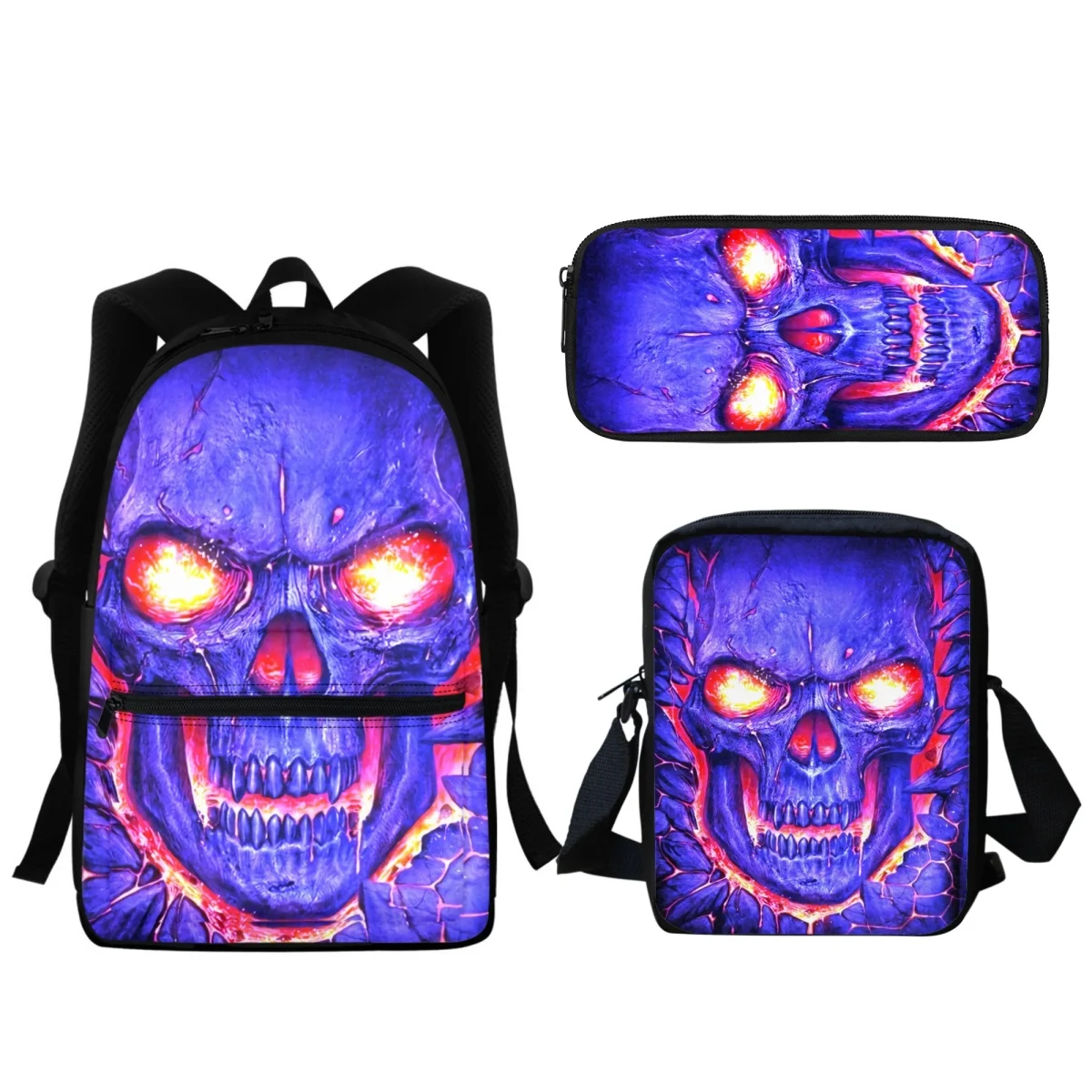 3Pc Horror Skull Middle School Student Schoolbag Gothic Style Trend College Student Backpack Casual Lunch Bag Study Tools Gift