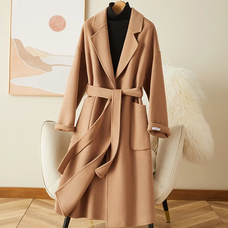 2023 Light Yellow Double-sided Cashmere Coat for Women's Mid Length Autumn/winter New Hepburn Style 100 Pure Wool Coat