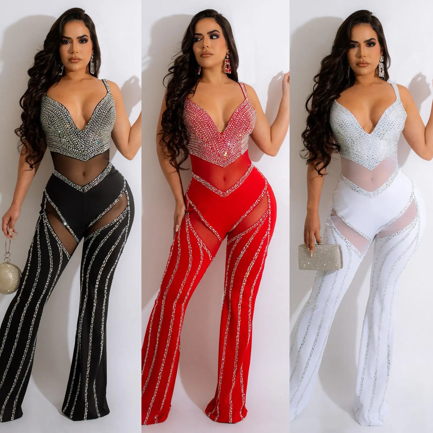 Jumpsuit for Women Mesh Crystal Patchwork Strap Sexy Deep V Neck Perspective Long Pant Throught Rompers Backless Club Outfits