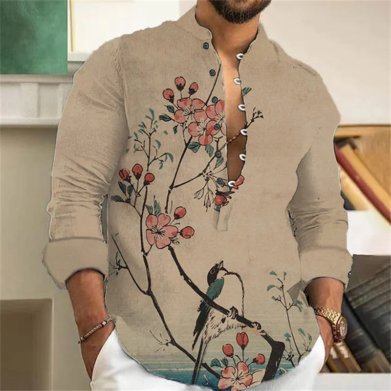 

Japanese Art Print Men's 7 Button Short Sleeve T-Shirt 2024 Summer Fashion Urban T-Shirt Men's V-Neck Henry Shirt