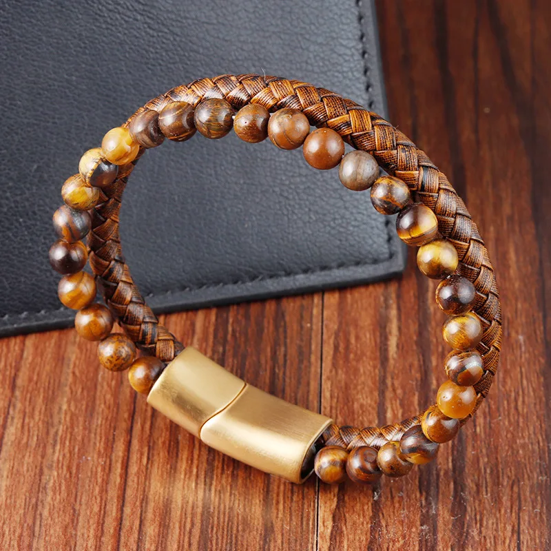 Retro Genuine Leather Cuffs Bangles Tiger Eye Beads Bracelets High-End Stainless Steel Gothic Jewelry