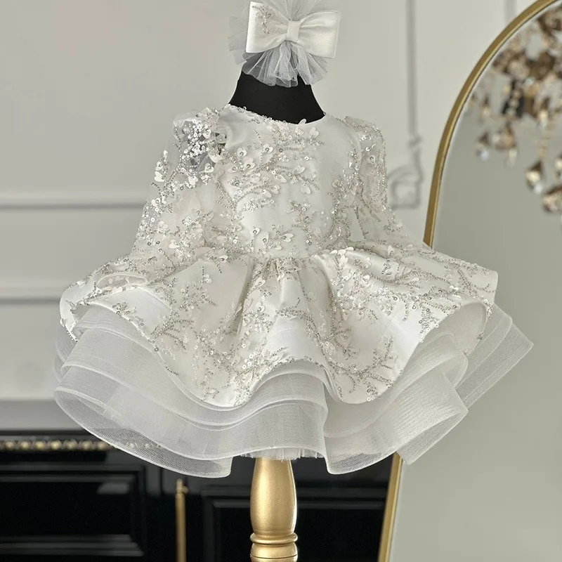 

Детское платье Платье принцессы для девочек с длинными рукавами Серебристо-серые наклейки ручной работы Маленькая и средняя детская юбка из пышной пряжи