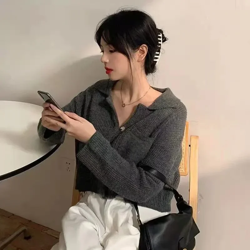 

Корейский шикарный укороченный свитер, кардиганы, женский удобный мягкий вязаный кардиган в стиле ретро с лацканами, женский 2200, осень-зима, новые свитера