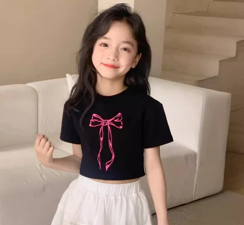 

T-shirt Spring Summer New Korean Girls Bow Knot Printing Short Sleeved Short Sweet Girl Tops Tide 2024 Round Collar