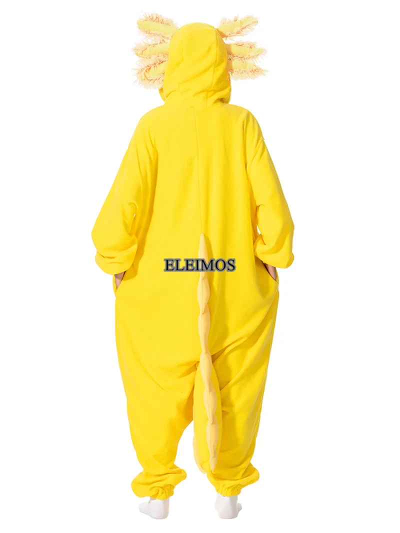 ELEIMOS Halloween tutina Yellow Axolotl per donna uomo adulto animale Kigurumis pigiama Cartoon pigiama Homewear Costume Cosplay