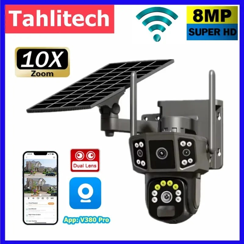 WIFI 4G SIM Solar Camera V380, 10X, 4K Dual Lens Outdoor Security Camera Wireless PTZ IP Camera Solar