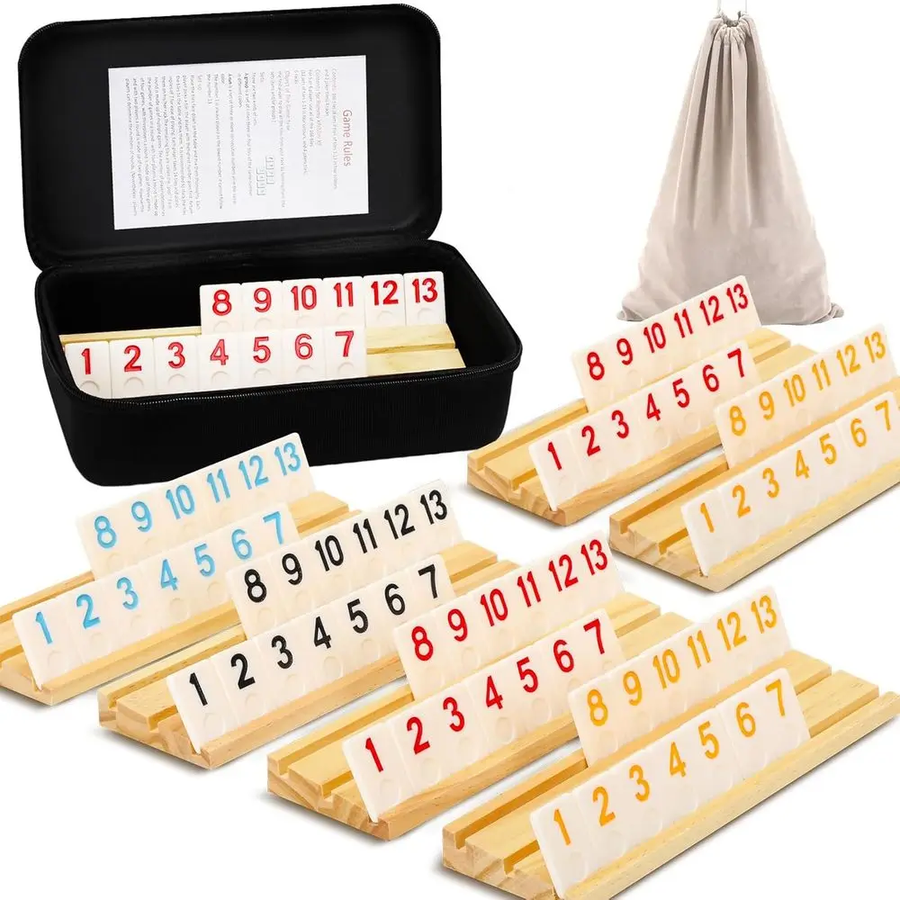 

Upgraded 2-6 Players Rummy Game with 6 Wooden Racks, 160 Melamine Tiles, Dstring Bag, Premium Portable Case, Tile Board Games or