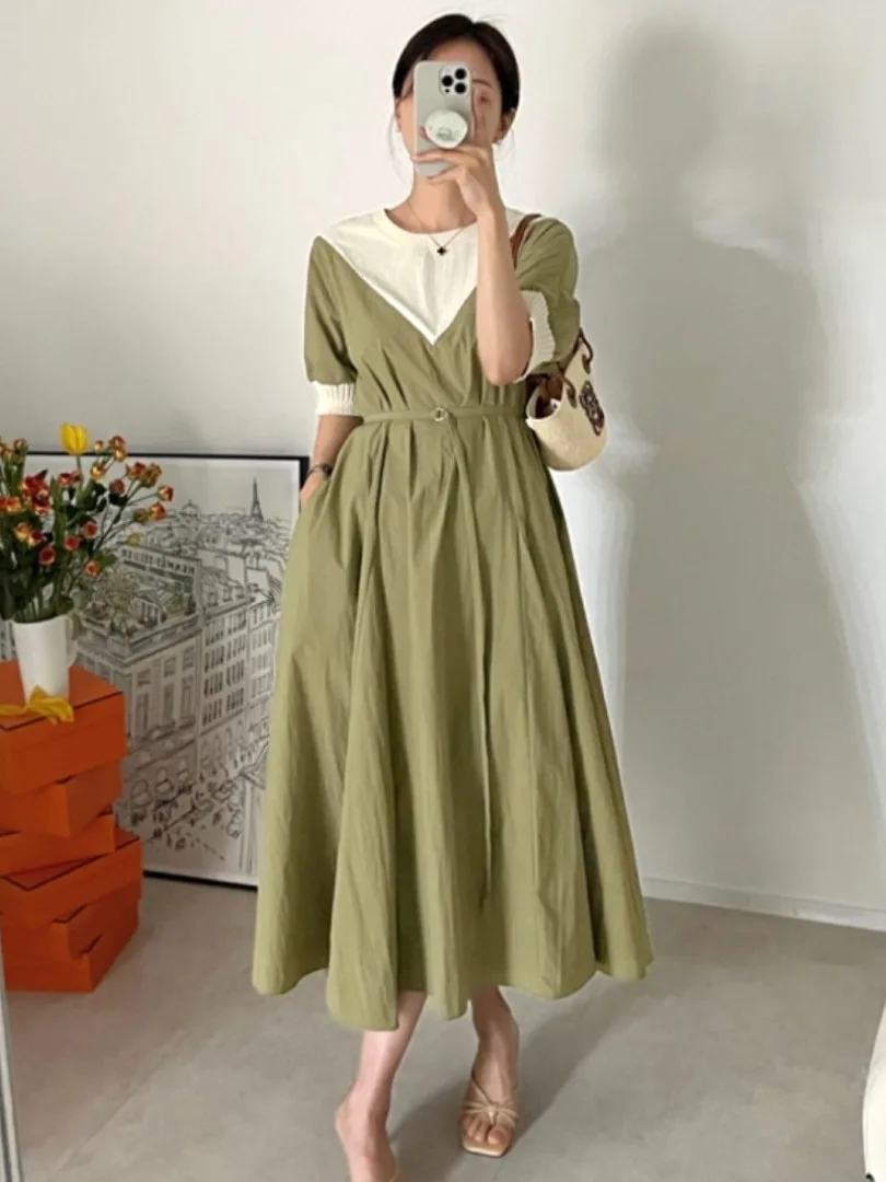 Longue épissure douce Dr Dongda Gate INS Ladylike plissé Midi Dr imprimé Floral f Sve ronde Ne X-ape Silhouette