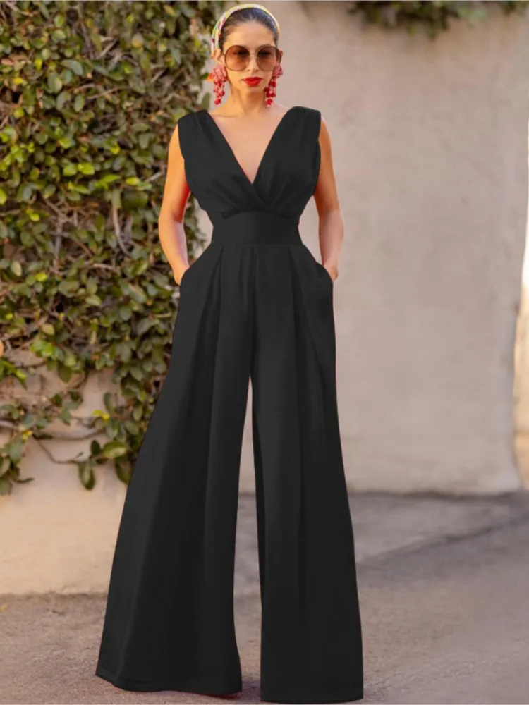 Summer Women\'s New Solid Color Slim Fit Sexy V-neck Sleeveless Jumpsuit High Waist Slimming Straight Leg Wide Leg Pants Women