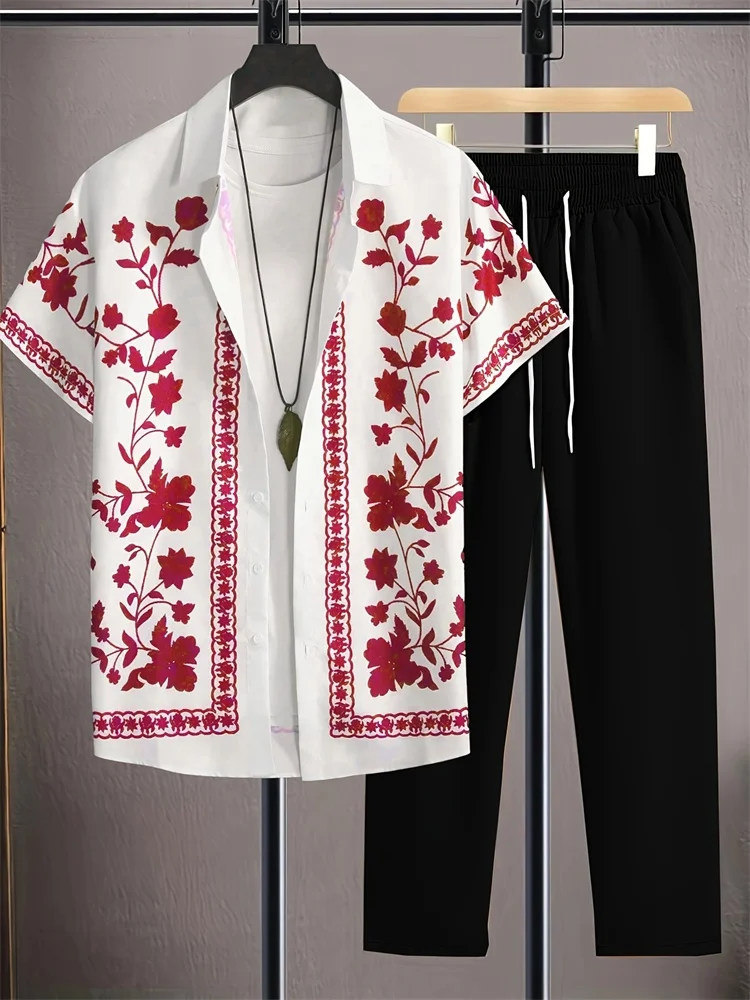 

Retro Floral 3D Short-sleeved Shirt And Casual Long Pants Set, Harajuku Street Casual Loose Men's 2pcs Set, Daily Casual