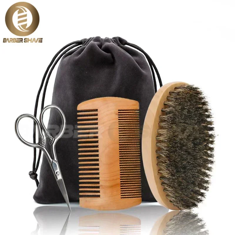 Kits de cepillos para Barba de madera con cerdas de jabalí, 3/4 unidades, con bolsa de regalo, cepillo de afeitar profesional suave para peluquero, peine, peines para bigote para hombres