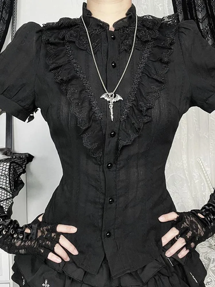 Sweet Lolita Cotton Shirts Women Vintage Gothic Black White Jacquard Short Sleeve Blouses Elegant Office Lady Y2k Tops