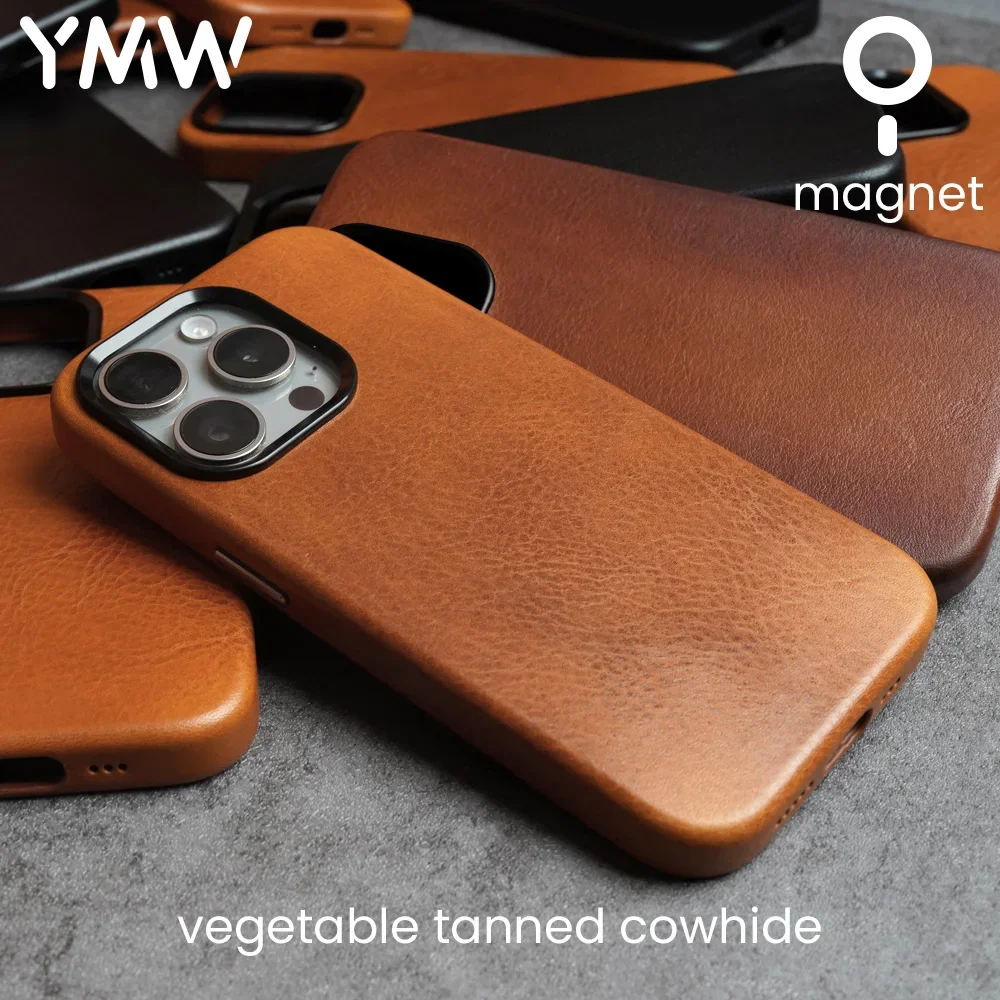 

YMW Magnetic Genuine Leather Case for iPhone 15 Pro Max 14 Personality Cowhide Magnetic Phone Cover