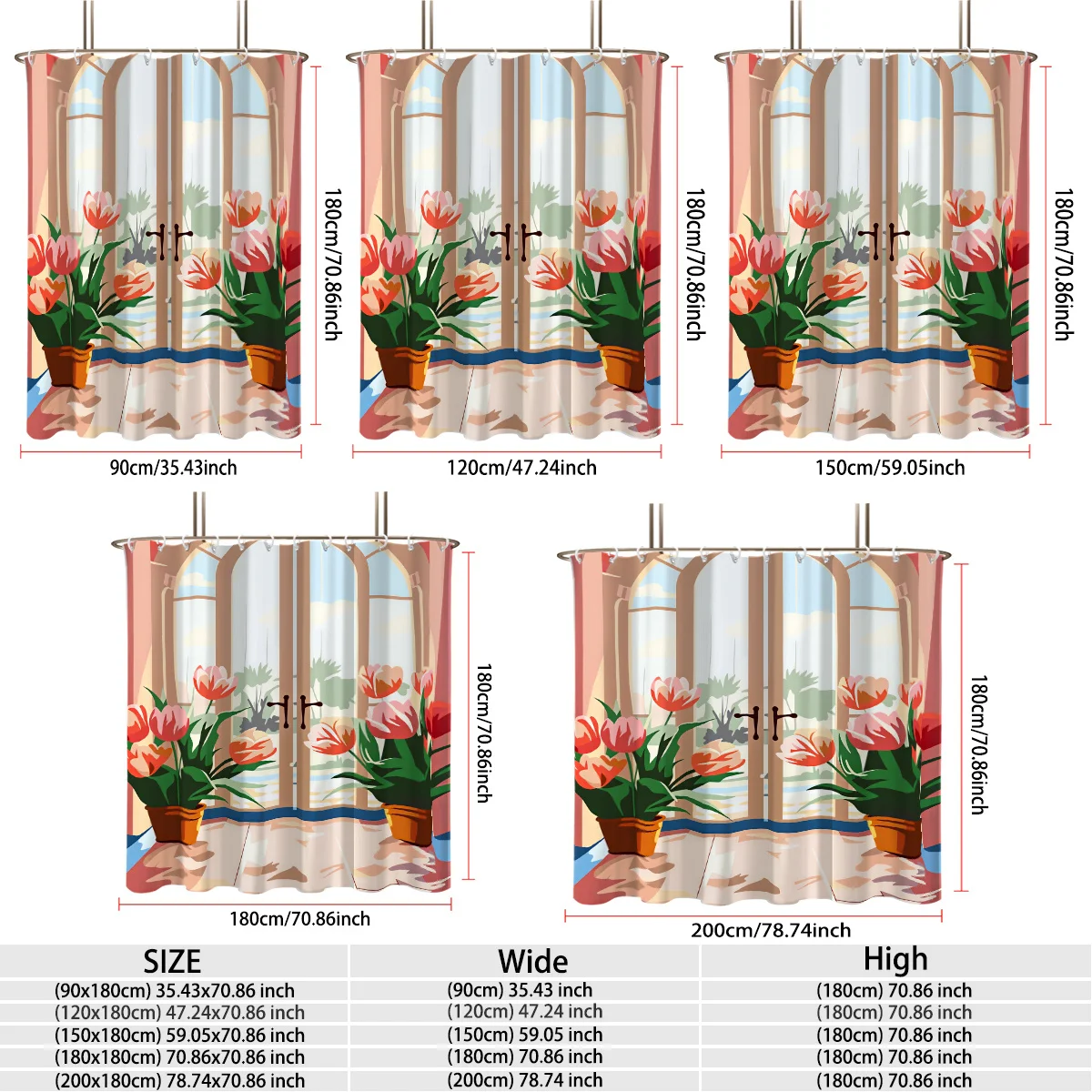 Modern Flat Art Style Potted Tulip Plants Beside Large French Window Outdoor Garden View Pattern Bath curtain Cozy Plush