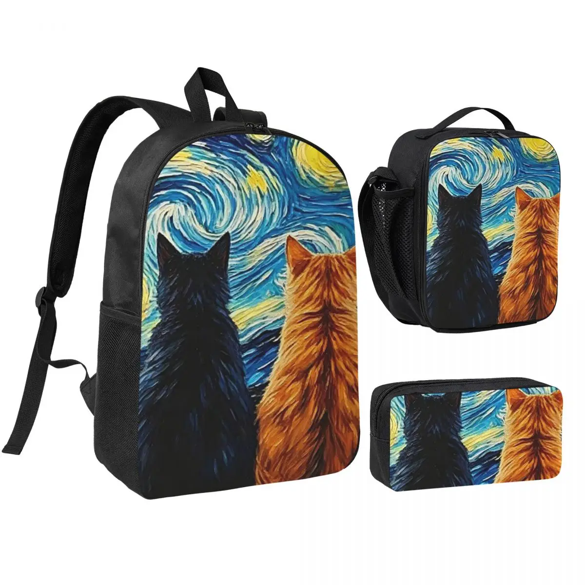 Starry Night Cats Artistic Backpack Boys Girls BookBag School Bag Shoulder Bags 3ps Insulated Lunch Bag Pencil Case