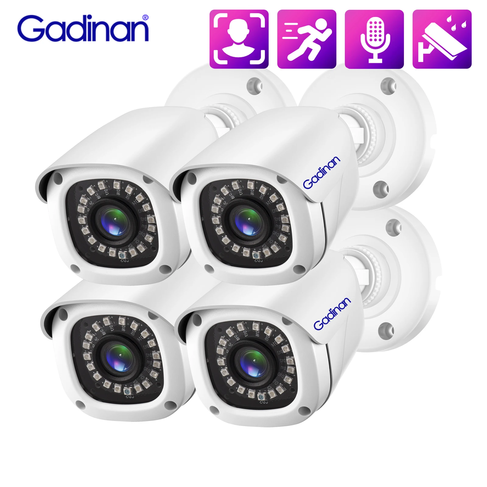 Gadinan 4PCS HD 8MP 4K POE IP Camera Face Detection Outdoor Audio Video Surveillance Infrared Night Vision CCTV Security XMEYE