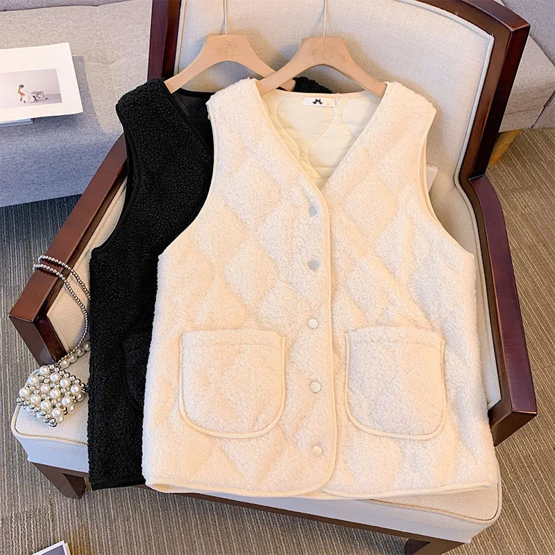 150Kg Plus Size Women's Bust 152 Winter Thickened Warm Vest Cardigan Lamb Wool Vest With Cotton Jacket 5XL 6XL 7XL 8XL 9XL