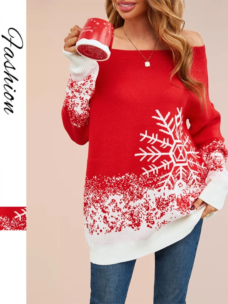 New in Women's Winter Knit Sweater - Off Shoulder Pullover with Snowflake Pattern Christmas Color Block Mid-Length Casual Jumper