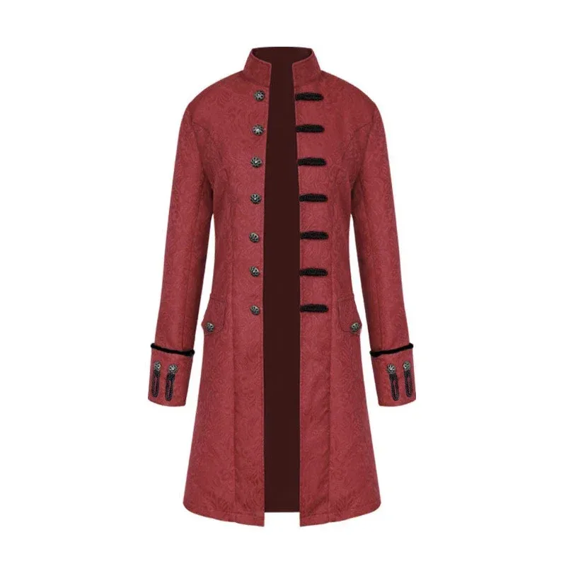 سترة عصر النهضة في القرون الوسطى أزياء تنكرية للرجال باللون الأحمر الداكن فيكتوريا Steampunk معطف واق من المطر ملابس خارجية معطف الأمير العتيق