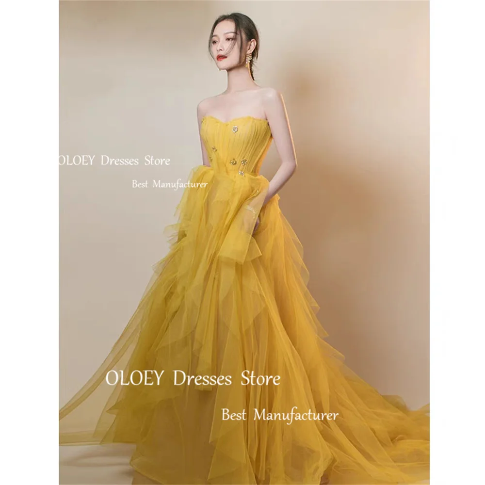 OLOEY Elegant Yellow Prom Dress Wedding Photoshoot Customized Sweetheart Beading Crystal Ruffles Silky Tulle Party Evening Dress