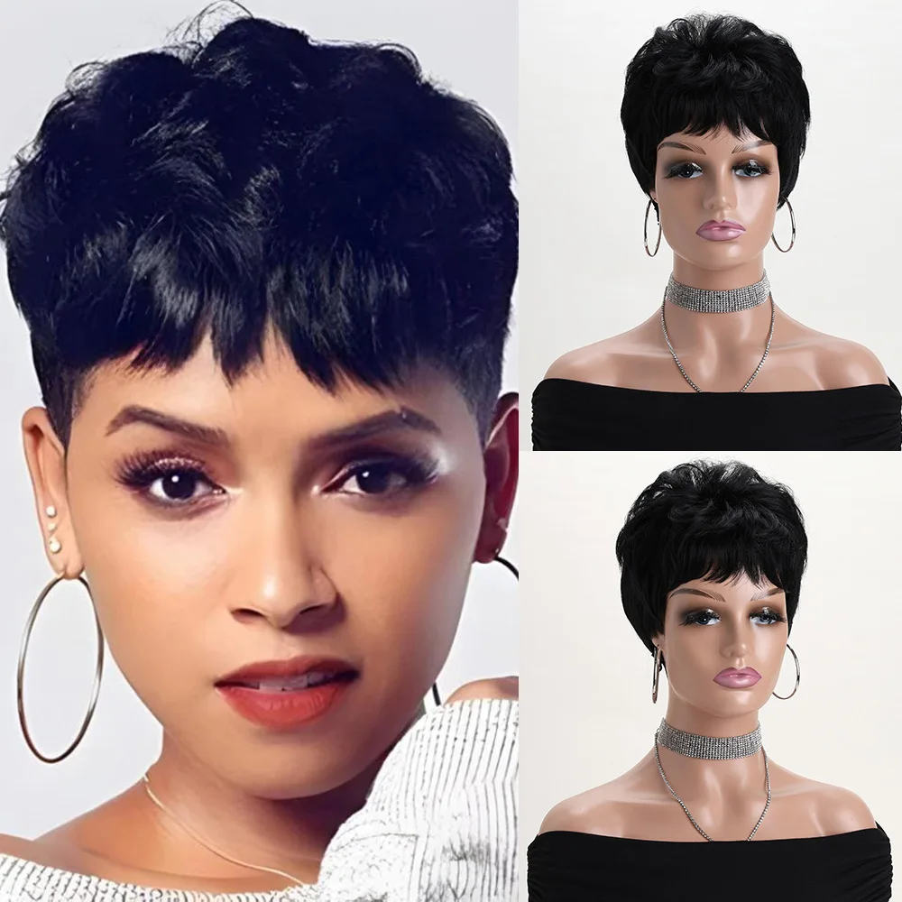 10 Inch Short Curly Synthetic Wig Soft Black Wig with Bangs for Black Women Daily Use Halloween Costumes Party