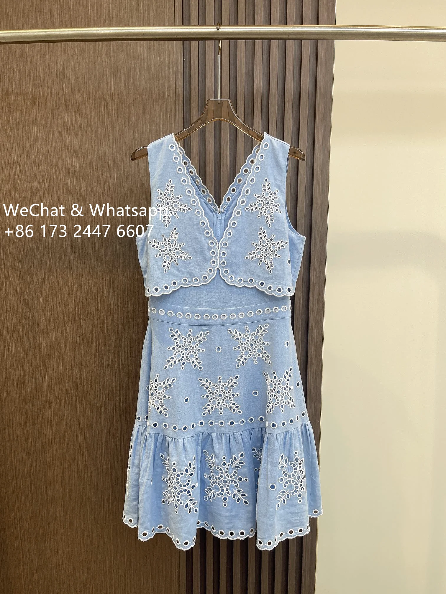 Sand* Women Mini Dres light blue embroidery Hollow-out V-Neck sleevelss Holiday Style