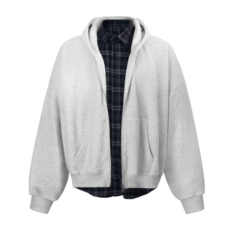 Men's and women's velvet American zipper hooded sweatshirt with niche design sense, fake two-piece checkered shirt jacket