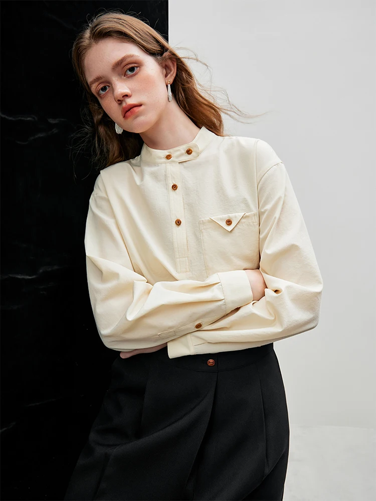 FSLE French Commuting Style Simple Stand Collar Shirt for Women Autumn 2023 New Fashionable Solid Color Shirt Top Female