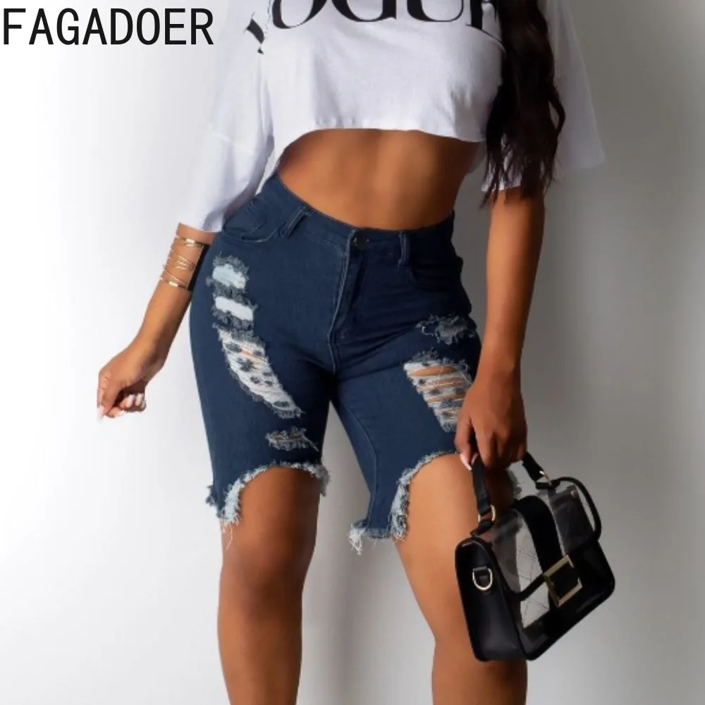 

FAGADOER Dark Blue Fashion Hole Elastic Irregular Jeans Shorts Women High Waisted Button Skinny Shorts Summer New Denim Bottoms