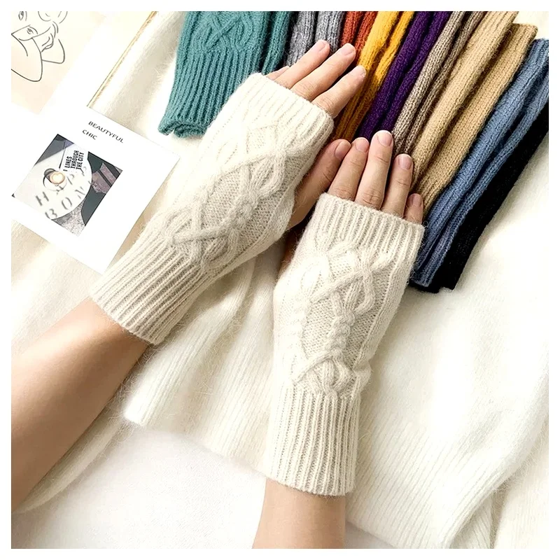 Winter Soft Warm Wool Knitting Arm Gloves Half Finger Writting Work Mittens Handschoenen for Women and Man