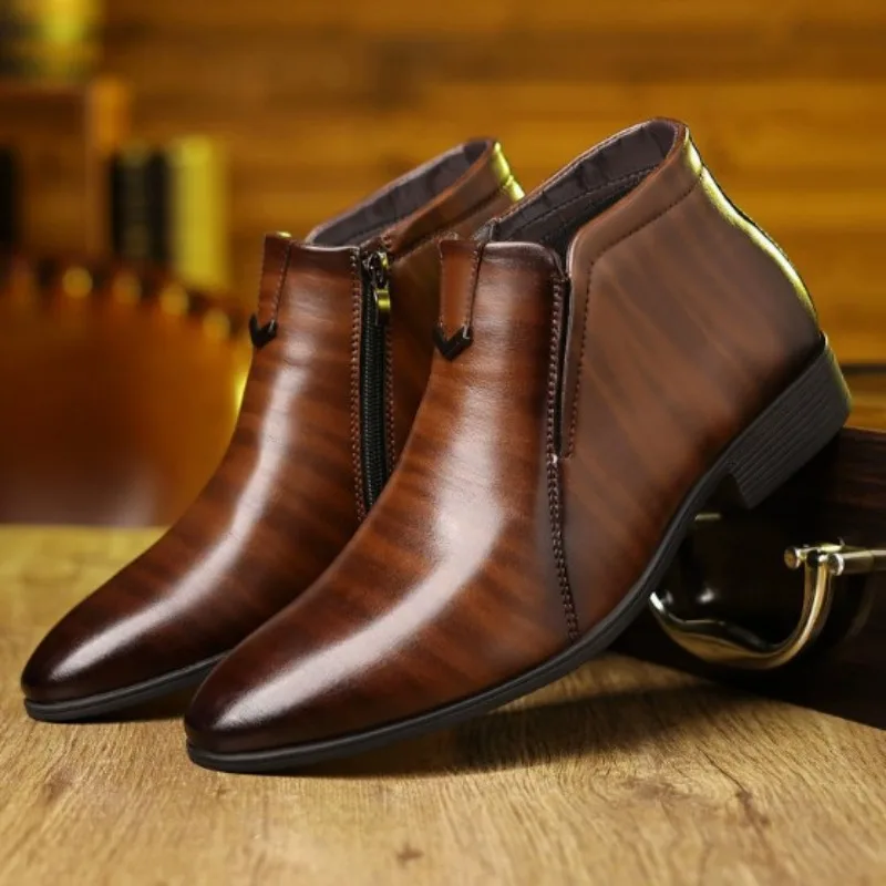 

Men Handcrafted Leather Ankle Boots Side Zipper Pointed Toe Chelsea Boots Comfortable Non-slip Formal Business Casual Shoes 2026