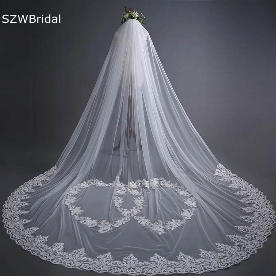 In Stock Ivory Cathedral Wedding Veils Long Lace Appliques 3 Meter Welon katedralny Cheap Bridal Veil Matrimonio Cheap Veils