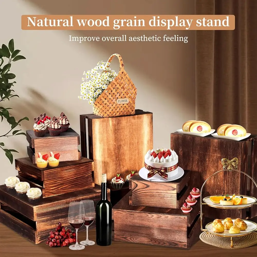 8 Pcs Buffet Risers With Mini Signs, Rustic Wood Cake Stands, Food Risers For Buffet Table, Dessert Display Stand, Wood Crates,