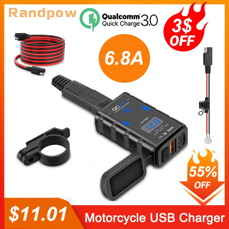 

Randpow QC3.0 Type C Motorcycle USB Charger 6.8A Waterproof Quick Charge Socket Adapter With Voltmeter Motorcycle Accessories