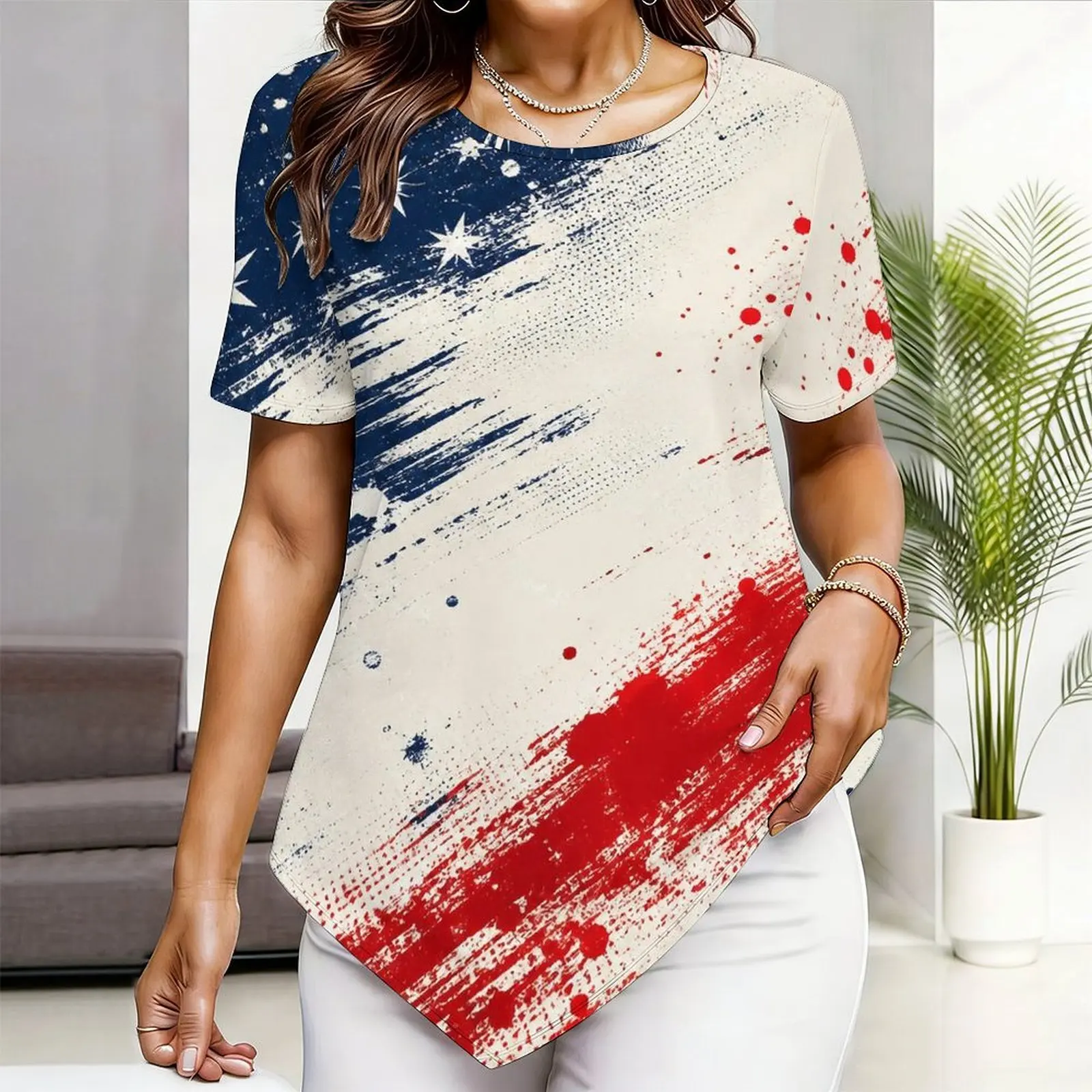 Women Printed Top Round Neck Short Sleeve Pointed Hem