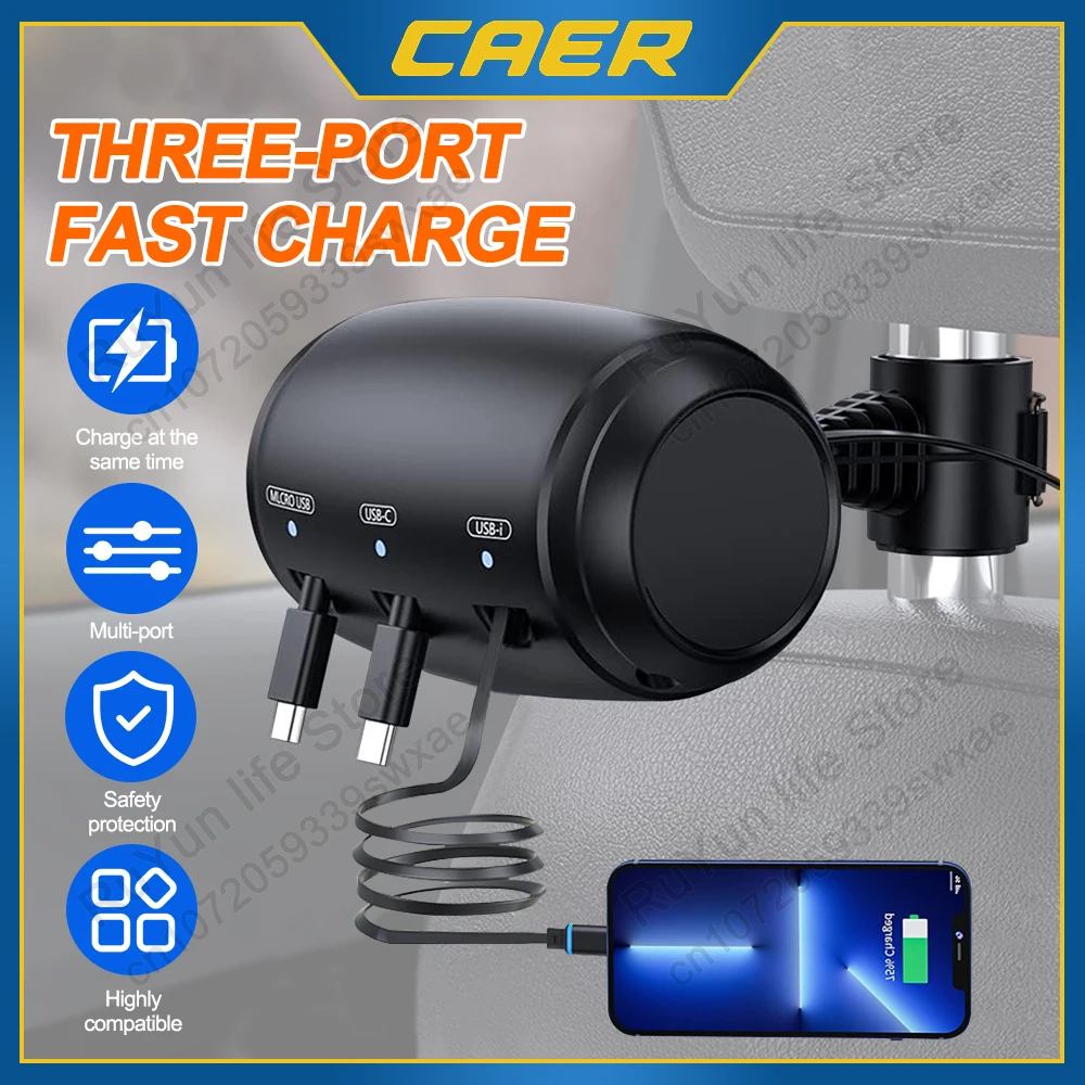 

Multi Retractable Backseat Car Charger Headrest Fast Charging Adapter USB-C Android Apple for iPhone Samsung Notebook Accessory