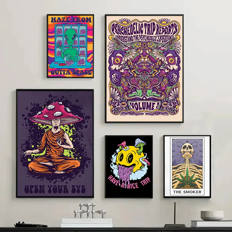 Abstract Weed Poster Psychedelic Alien Smoking Weed Dealer Mushroom Canvas Painting Wall Art Pictures Home Club Bar Decor