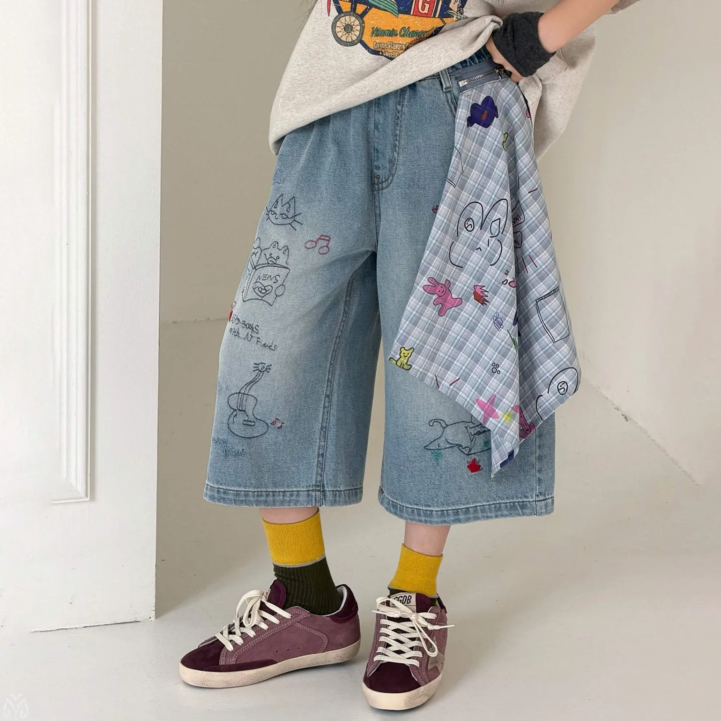 Denim Pants for Spring Summer Daily Three Quarters Length American Style with Drawing Print Loose Fit Jeans for Kids 4-14Y