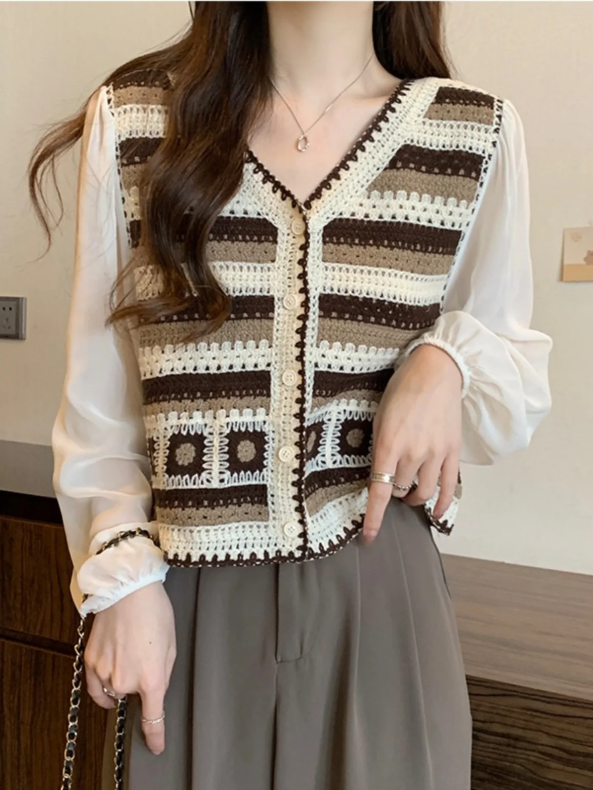 Granny Square Crochet Top Blouse with Chiffon Sleeve Button Front Cardigan Crop Top Women Spring Summer Fairycore Cottagecore