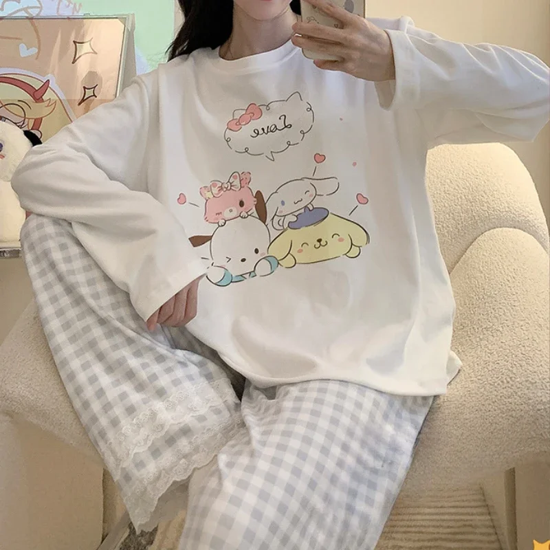 

Sanrio Hello Kitty Cinnamoroll Pochacco Anime Ladies Pajamas Loose Leisure Can Go Out Homewear Spring Autumn Thickened Warm Suit